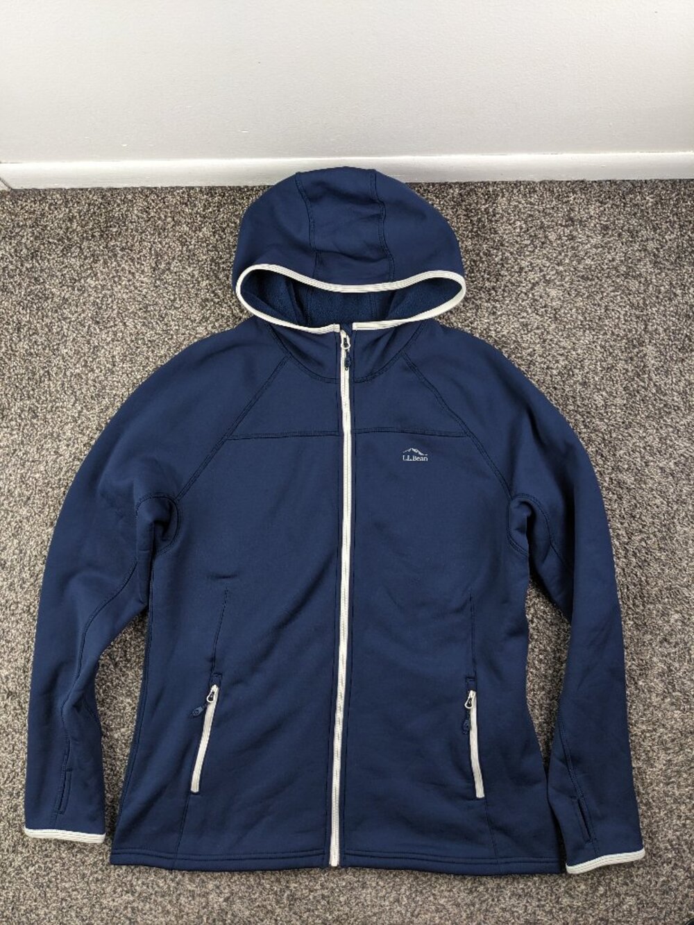 LL Bean Jacket PrimaLoft ThermaStretch Fleece Hooded Full Zip Navy Blue Womens L